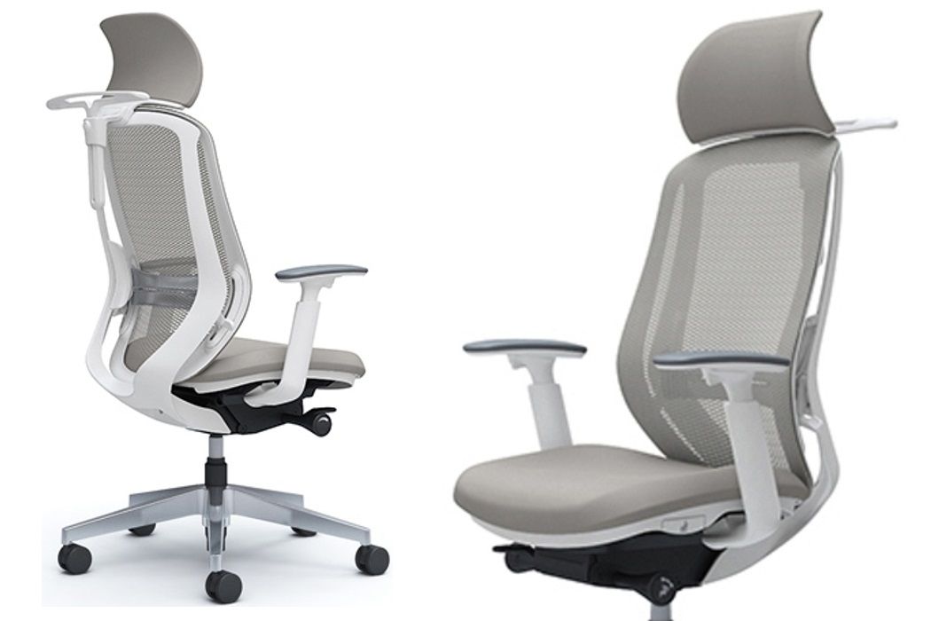 OKAMURA SYLPHY Stylish White body Light Grey colour Chair with Headrest, Lumbar support and Coat hanger